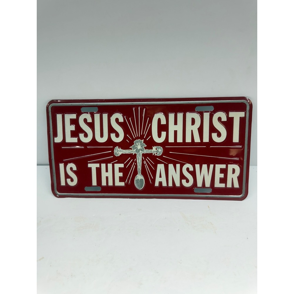 Vintage Jesus Christ Is The Answer Red Embossed Metal License Plate Auto Sign